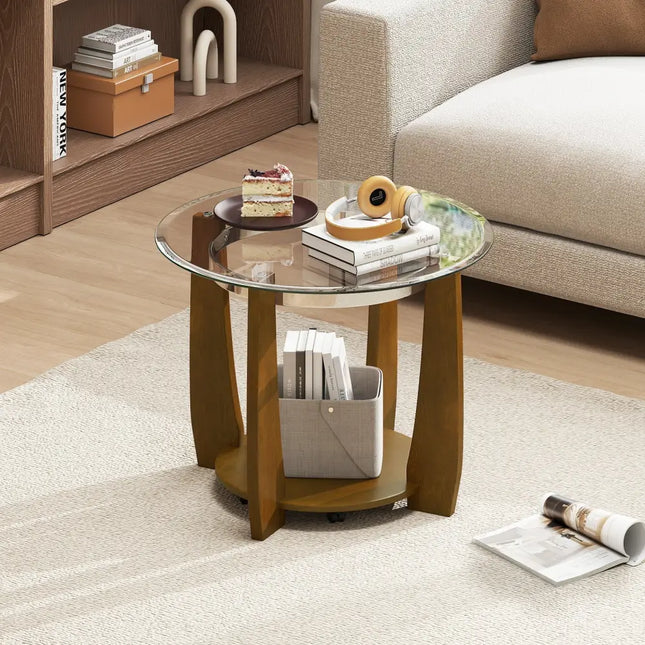 32" 2-Tier Glass Round Coffee Table with Storage Shelf-Walnut Costway