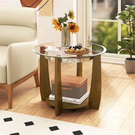 32" 2-Tier Glass Round Coffee Table with Storage Shelf-Walnut Costway