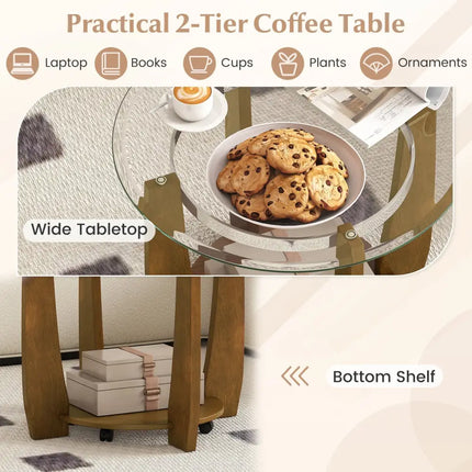 32" 2-Tier Glass Round Coffee Table with Storage Shelf-Walnut Costway
