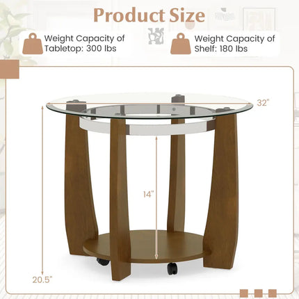 32" 2-Tier Glass Round Coffee Table with Storage Shelf-Walnut Costway