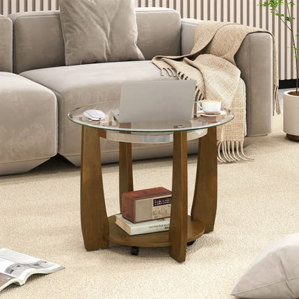 32" 2-Tier Glass Round Coffee Table with Storage Shelf-Walnut Costway