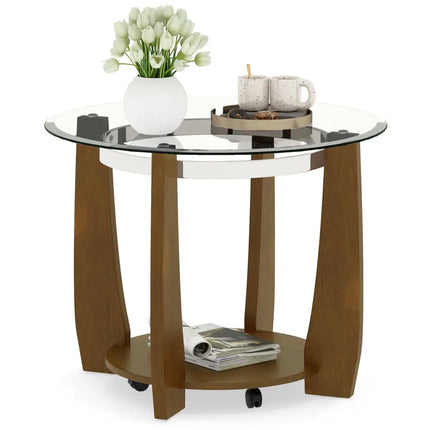 32" 2-Tier Glass Round Coffee Table with Storage Shelf-Walnut Costway