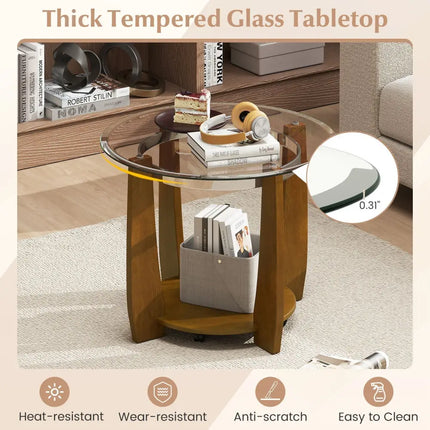 32" 2-Tier Glass Round Coffee Table with Storage Shelf-Walnut Costway