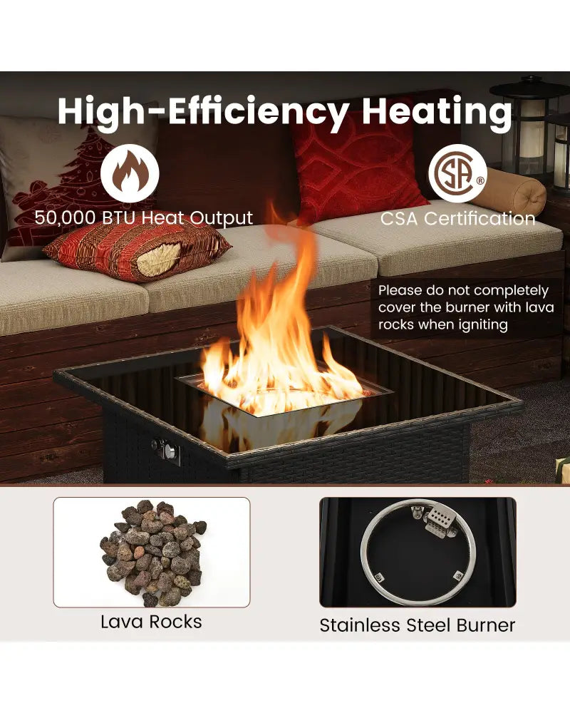 32.5 Inch Propane Fire Pit Table 5000 BTU with Tempered Glass Tabletop-Black - Black - Fire Pit Tables