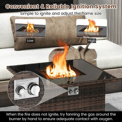 32.5 Inch Propane Fire Pit Table 5000 BTU with Tempered Glass Tabletop-Brown - Brown - Fire Pit Tables