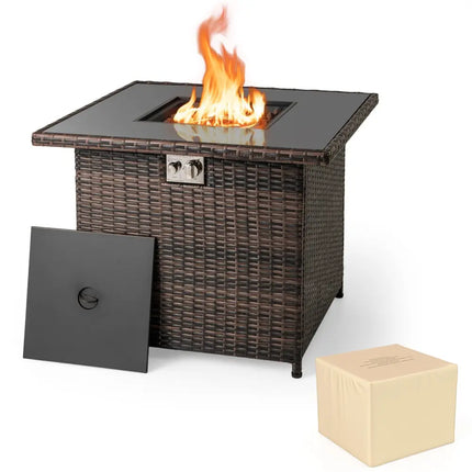 32.5 Inch Propane Fire Pit Table 5000 BTU with Tempered Glass Tabletop-Brown - Brown - Fire Pit Tables