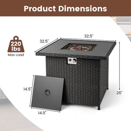 32.5 Inch Propane Fire Pit Table 5000 BTU with Tempered Glass Tabletop-Black - Black - Fire Pit Tables