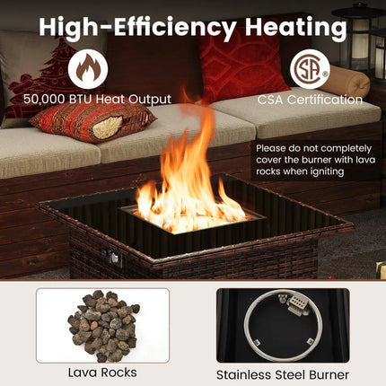 32.5 Inch Propane Fire Pit Table 5000 BTU with Tempered Glass Tabletop-Brown - Brown - Fire Pit Tables