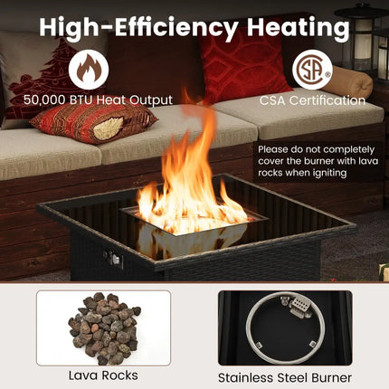 32.5 Inch Propane Fire Pit Table 5000 BTU with Tempered Glass Tabletop-Black - Black - Fire Pit Tables