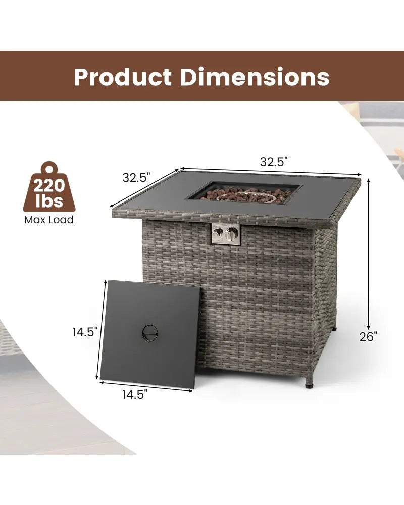 32.5 Inch Propane Fire Pit Table 5000 BTU with Tempered Glass Tabletop-Gray - Gray - Fire Pit Tables