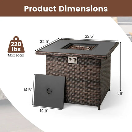 32.5 Inch Propane Fire Pit Table 5000 BTU with Tempered Glass Tabletop-Brown - Brown - Fire Pit Tables