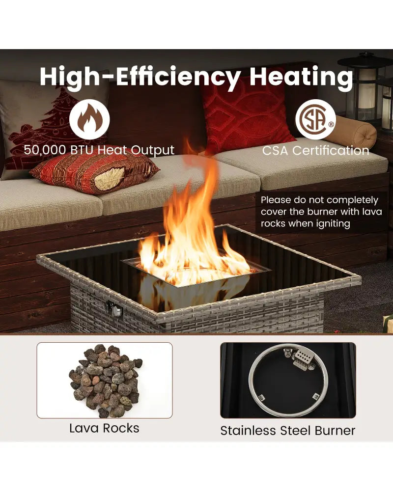 32.5 Inch Propane Fire Pit Table 5000 BTU with Tempered Glass Tabletop-Gray - Gray - Fire Pit Tables