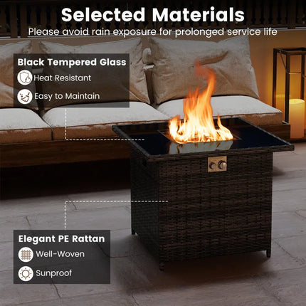 32.5 Inch Propane Fire Pit Table 5000 BTU with Tempered Glass Tabletop-Brown - Brown - Fire Pit Tables