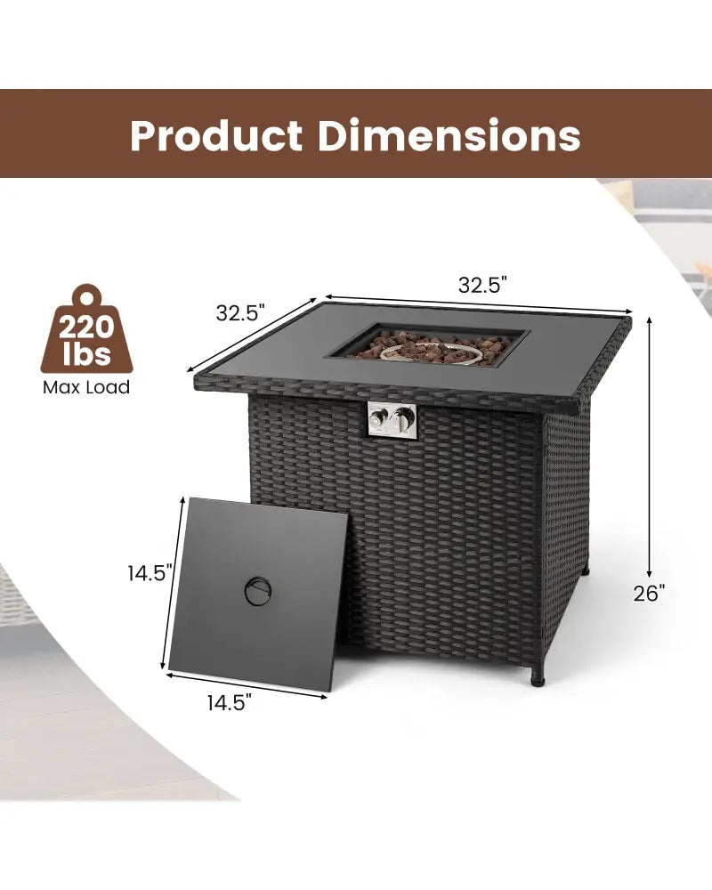 32.5 Inch Propane Fire Pit Table 5000 BTU with Tempered Glass Tabletop-Black - Black - Fire Pit Tables