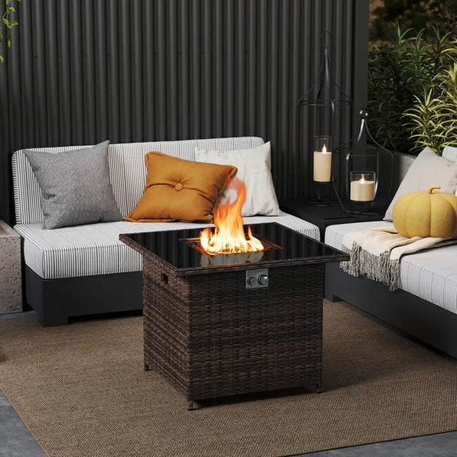 32.5 Inch Propane Fire Pit Table 5000 BTU with Tempered Glass Tabletop-Brown - Brown - Fire Pit Tables