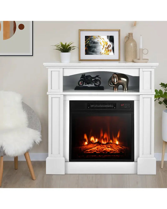 32 Inch 1400W Electric TV Stand Fireplace with Shelf-White - White - Fireplaces