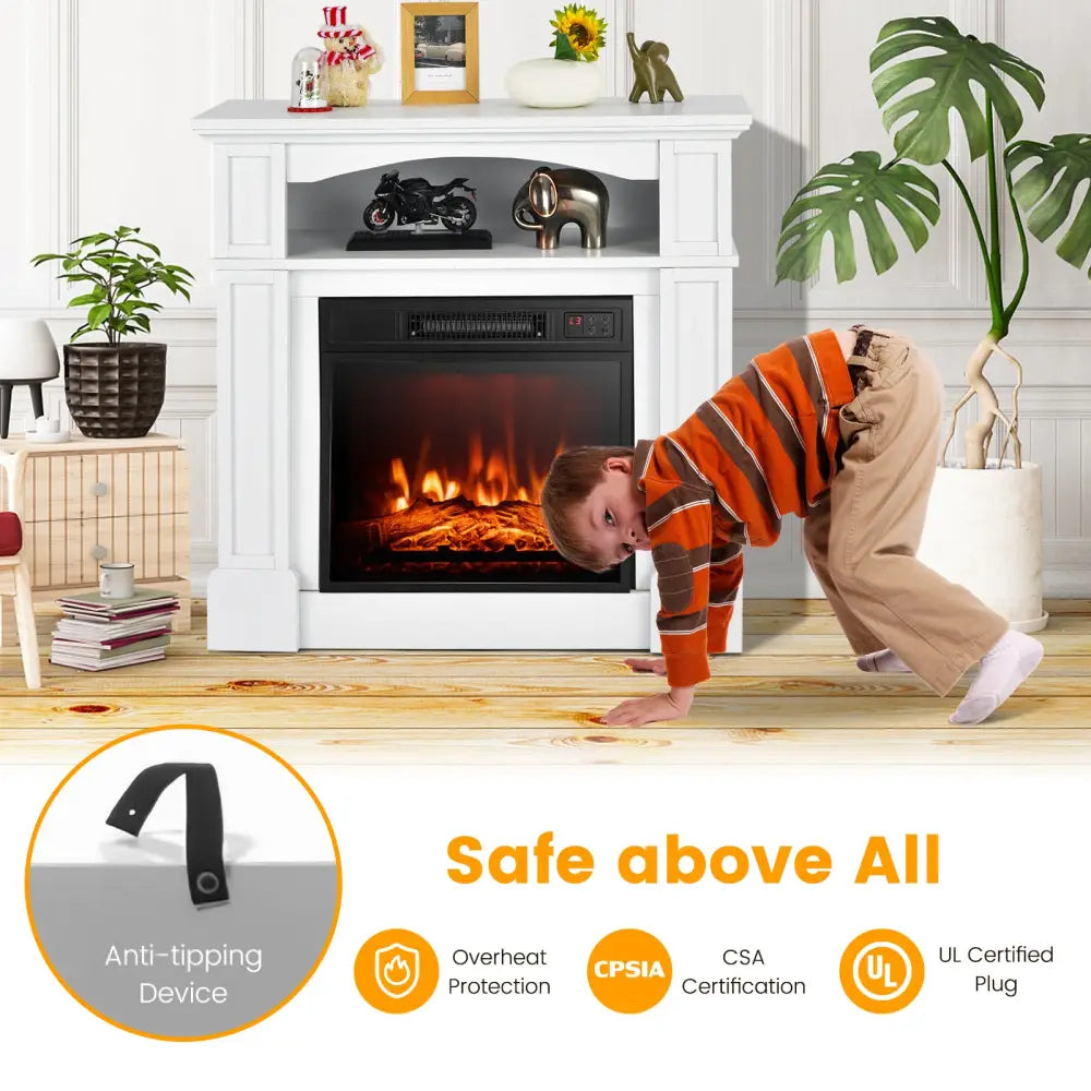 32 Inch 1400W Electric TV Stand Fireplace with Shelf-White - White - Fireplaces