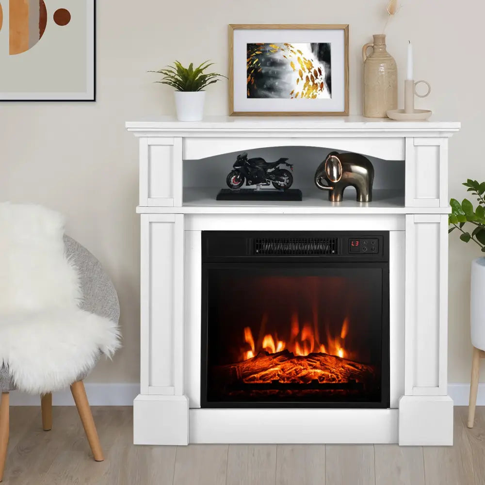 32 Inch 1400W Electric TV Stand Fireplace with Shelf-White - White - Fireplaces