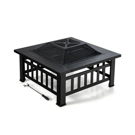 32 Inch 3 in 1 Outdoor Square Fire Pit Table with BBQ Grill and Rain Cover for Camping - Black - Fire Pit Tables