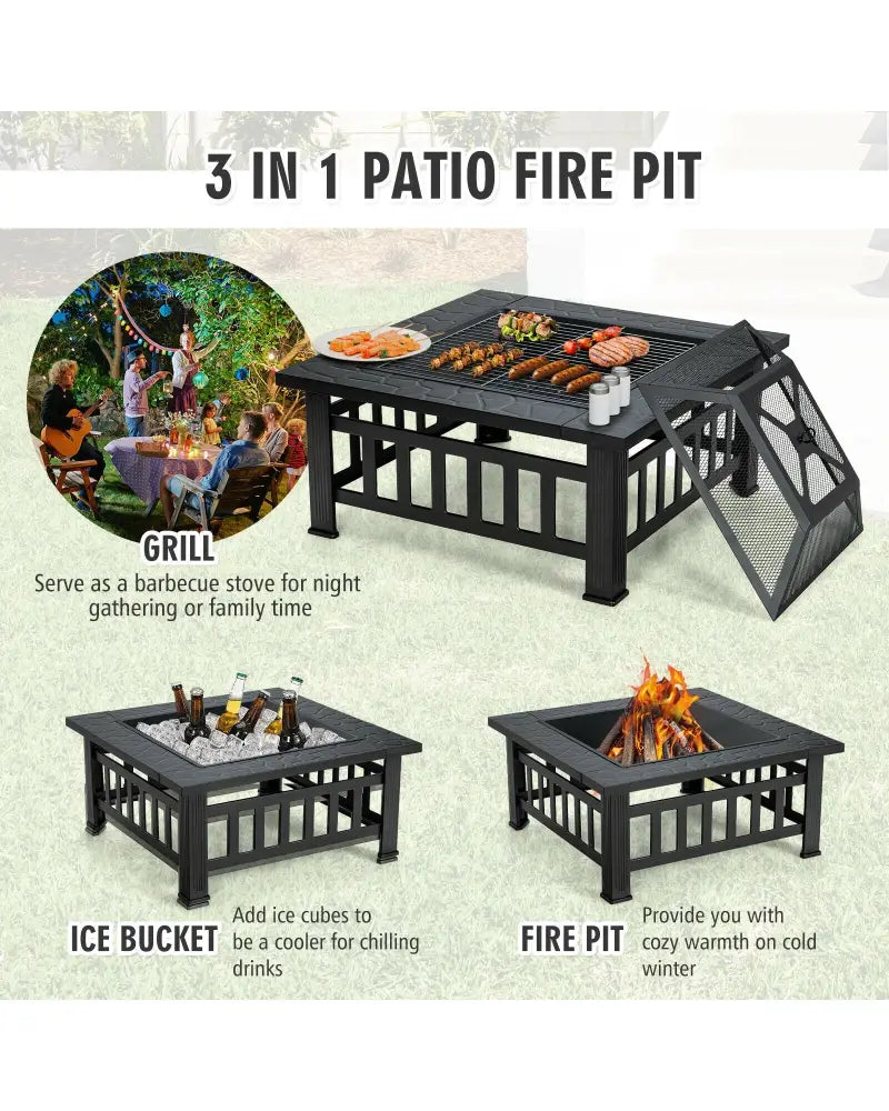 32 Inch 3 in 1 Outdoor Square Fire Pit Table with BBQ Grill and Rain Cover for Camping - Black - Fire Pit Tables