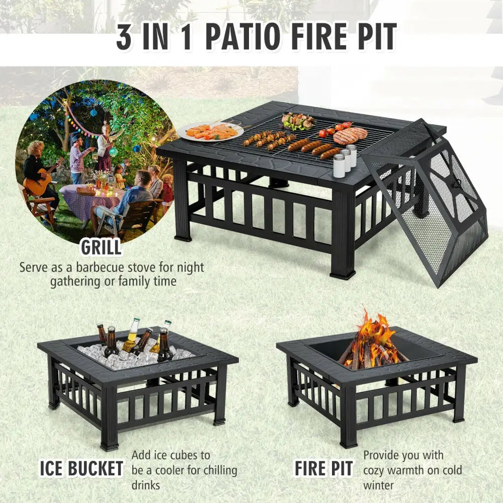 32 Inch 3 in 1 Outdoor Square Fire Pit Table with BBQ Grill and Rain Cover for Camping - Black - Fire Pit Tables