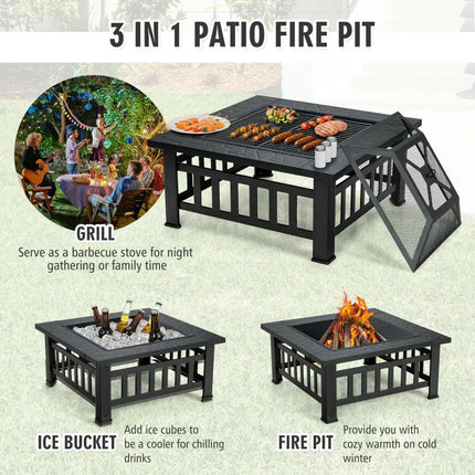 32 Inch 3 in 1 Outdoor Square Fire Pit Table with BBQ Grill and Rain Cover for Camping - Black - Fire Pit Tables