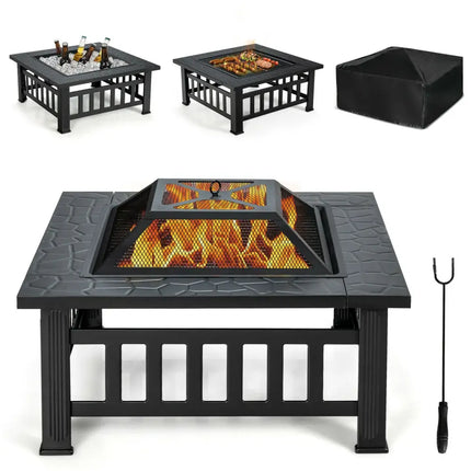 32 Inch 3 in 1 Outdoor Square Fire Pit Table with BBQ Grill and Rain Cover for Camping - Black - Fire Pit Tables