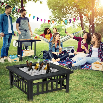 32 Inch 3 in 1 Outdoor Square Fire Pit Table with BBQ Grill and Rain Cover for Camping - Black - Fire Pit Tables