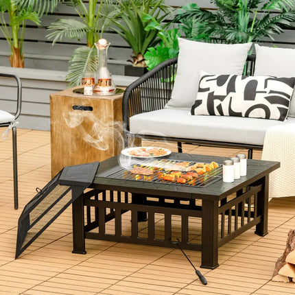 32 Inch 3 in 1 Outdoor Square Fire Pit Table with BBQ Grill and Rain Cover for Camping - Black - Fire Pit Tables