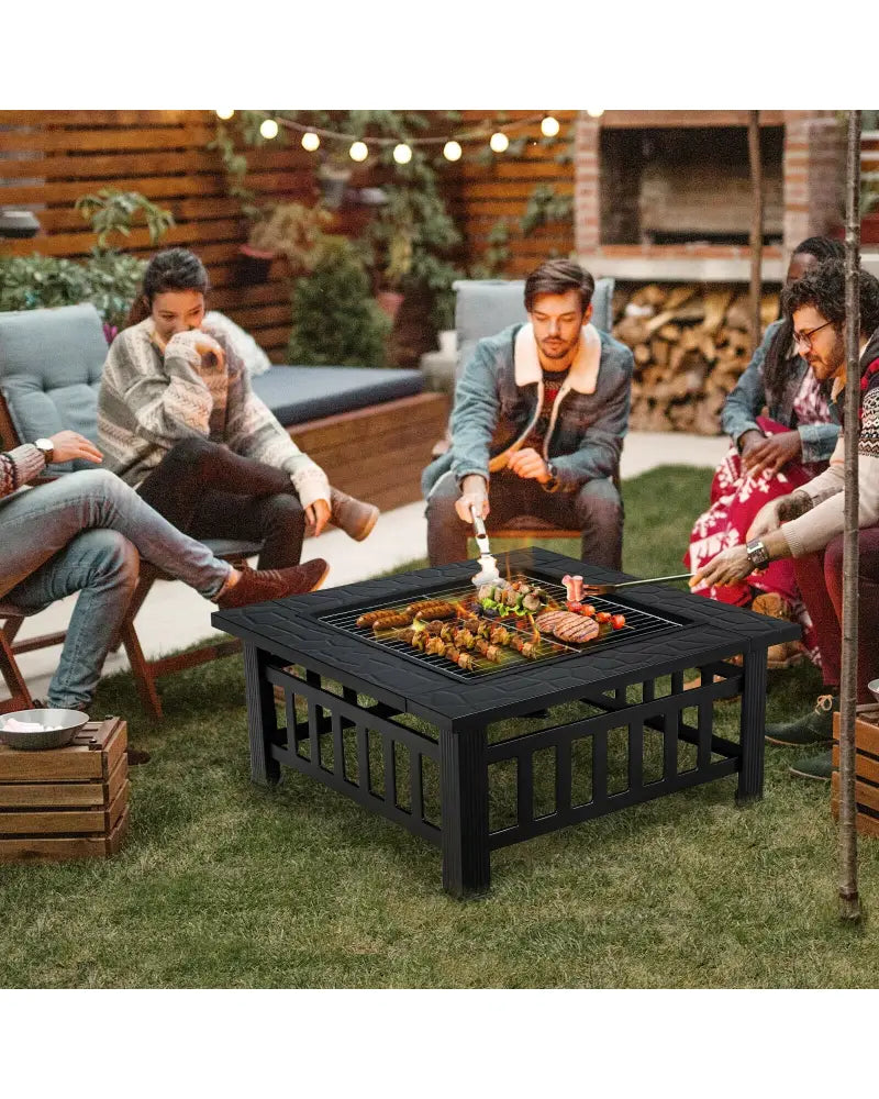 32 Inch 3 in 1 Outdoor Square Fire Pit Table with BBQ Grill and Rain Cover for Camping - Black - Fire Pit Tables