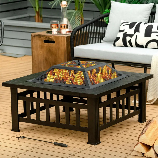 32 Inch 3 in 1 Outdoor Square Fire Pit Table with BBQ Grill and Rain Cover for Camping - Black - Fire Pit Tables