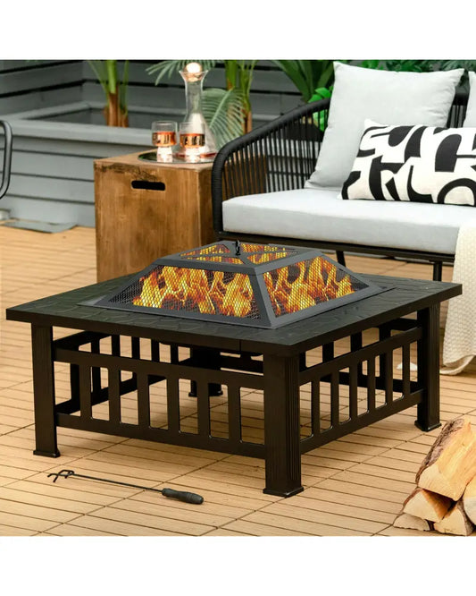32 Inch 3 in 1 Outdoor Square Fire Pit Table with BBQ Grill and Rain Cover for Camping - Black - Fire Pit Tables