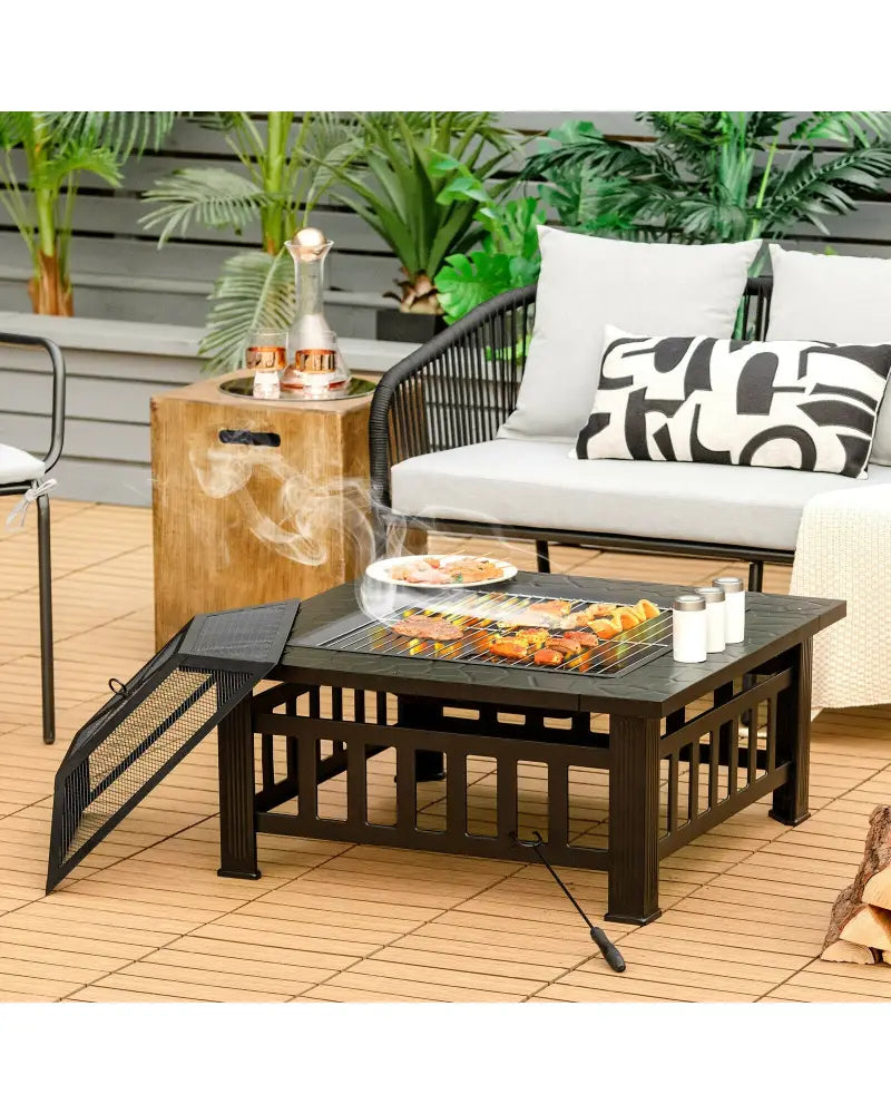 32 Inch 3 in 1 Outdoor Square Fire Pit Table with BBQ Grill and Rain Cover for Camping - Black - Fire Pit Tables