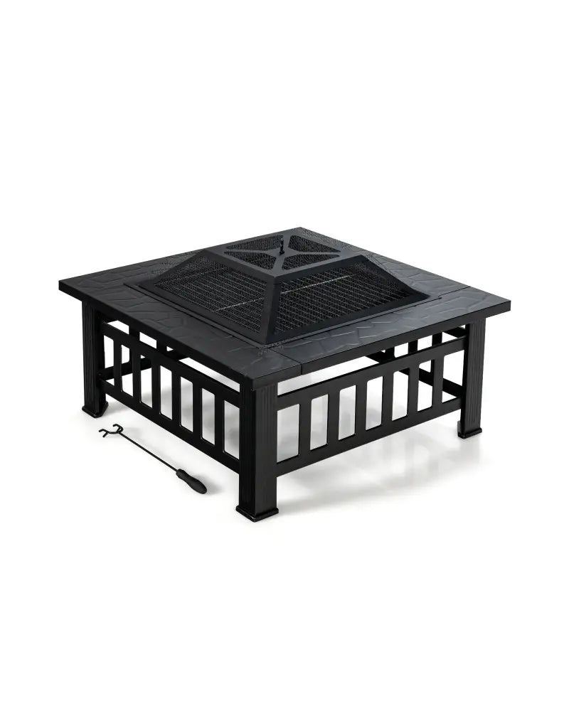 32 Inch 3 in 1 Outdoor Square Fire Pit Table with BBQ Grill and Rain Cover for Camping - Black - Fire Pit Tables