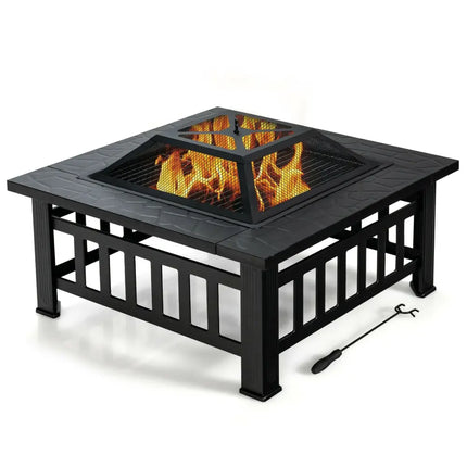 32 Inch 3 in 1 Outdoor Square Fire Pit Table with BBQ Grill and Rain Cover for Camping - Black - Fire Pit Tables