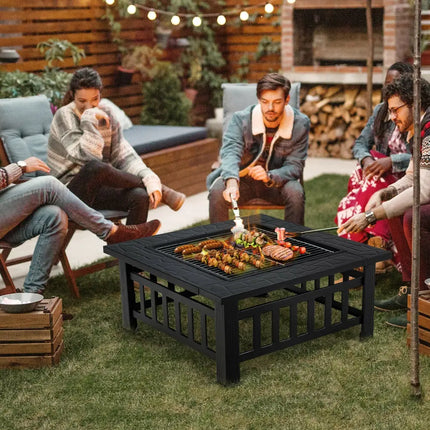 32 Inch 3 in 1 Outdoor Square Fire Pit Table with BBQ Grill and Rain Cover for Camping - Black - Fire Pit Tables