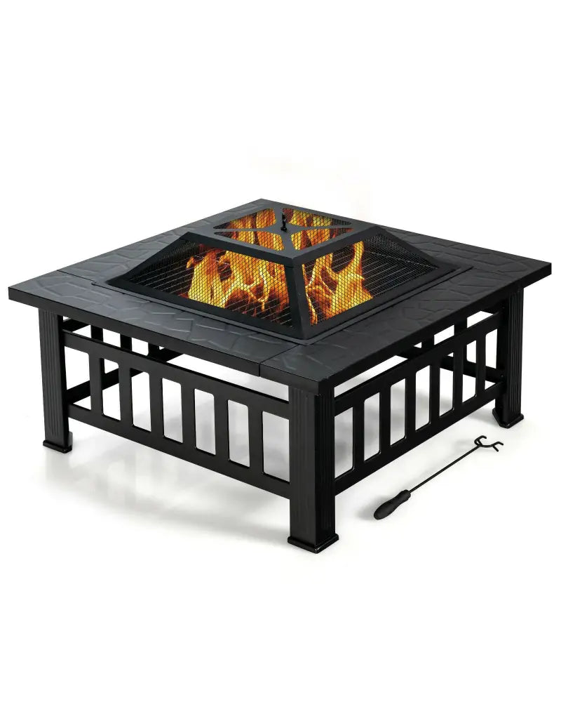 32 Inch 3 in 1 Outdoor Square Fire Pit Table with BBQ Grill and Rain Cover for Camping - Black - Fire Pit Tables