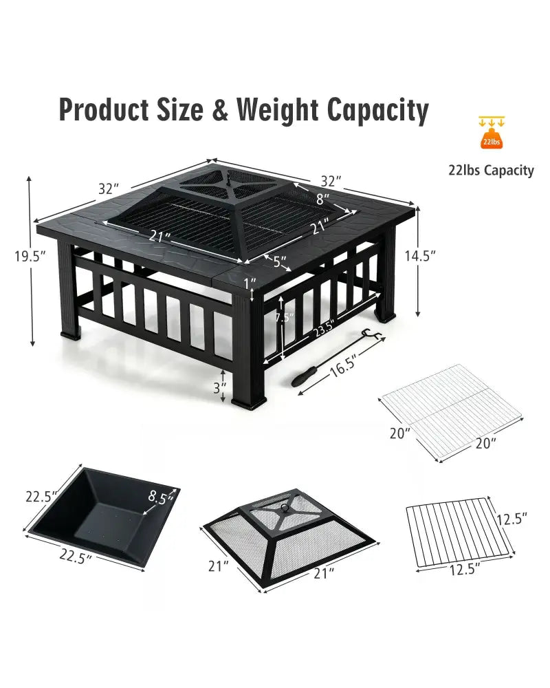 32 Inch 3 in 1 Outdoor Square Fire Pit Table with BBQ Grill and Rain Cover for Camping - Black - Fire Pit Tables