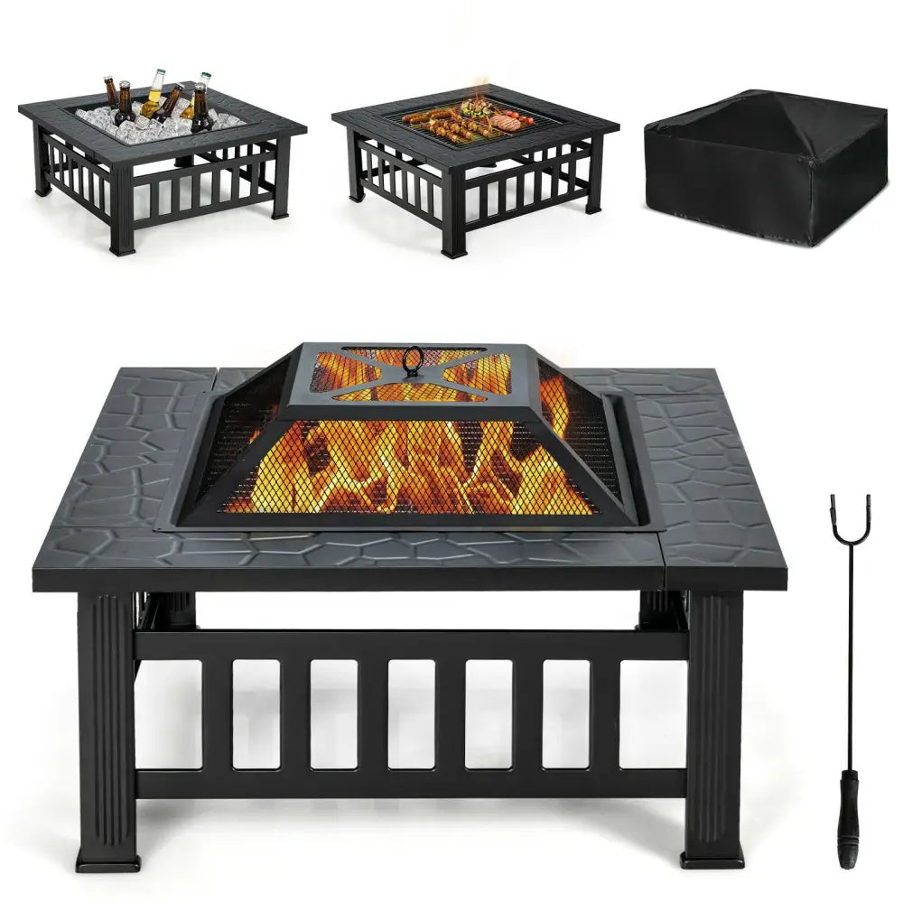 32 Inch 3 in 1 Outdoor Square Fire Pit Table with BBQ Grill and Rain Cover for Camping - Black - Fire Pit Tables