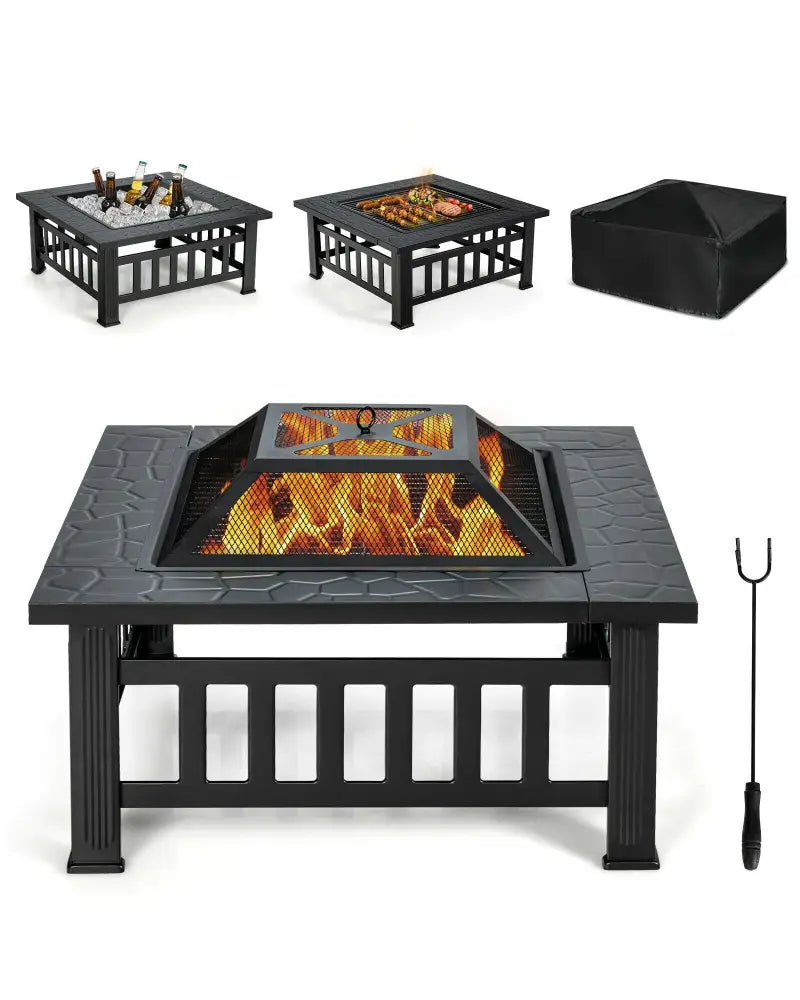 32 Inch 3 in 1 Outdoor Square Fire Pit Table with BBQ Grill and Rain Cover for Camping - Black - Fire Pit Tables