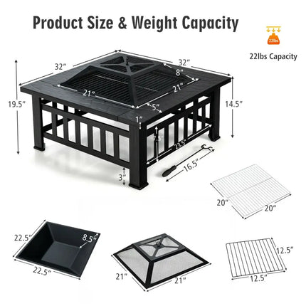 32 Inch 3 in 1 Outdoor Square Fire Pit Table with BBQ Grill and Rain Cover for Camping - Black - Fire Pit Tables