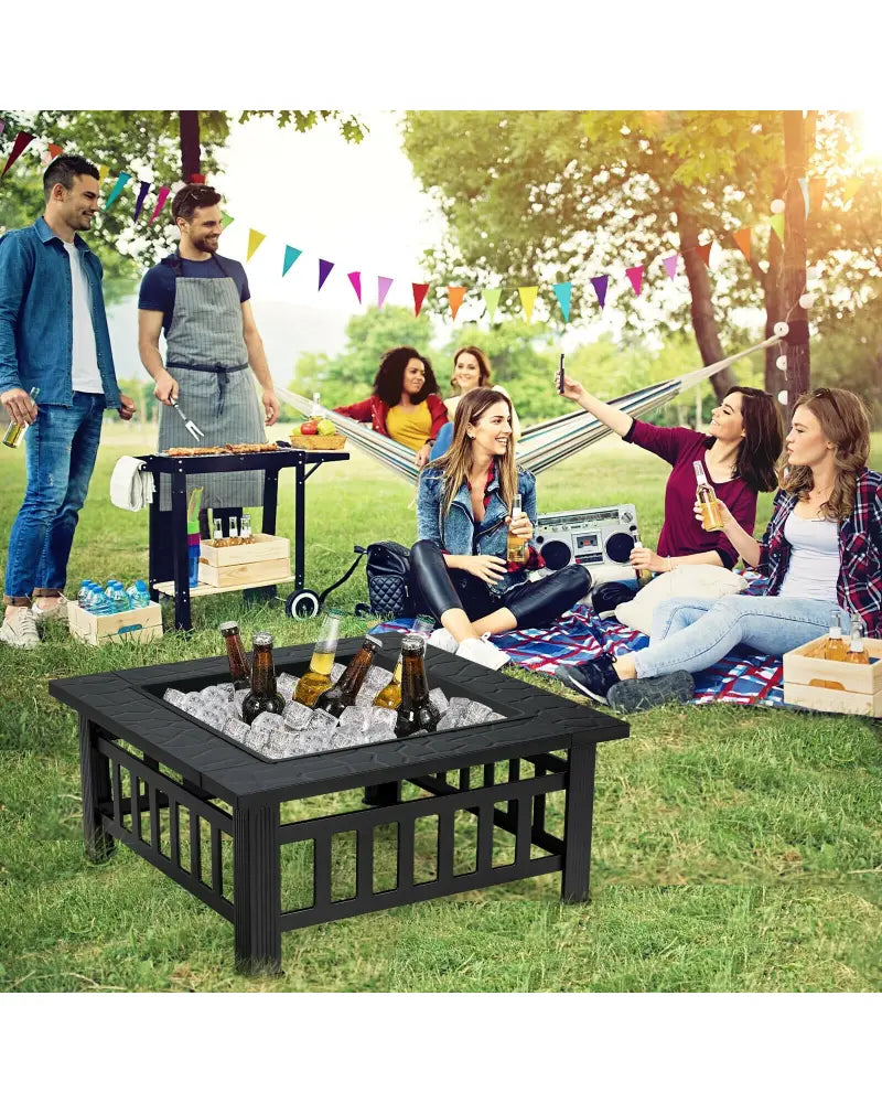 32 Inch 3 in 1 Outdoor Square Fire Pit Table with BBQ Grill and Rain Cover for Camping - Black - Fire Pit Tables
