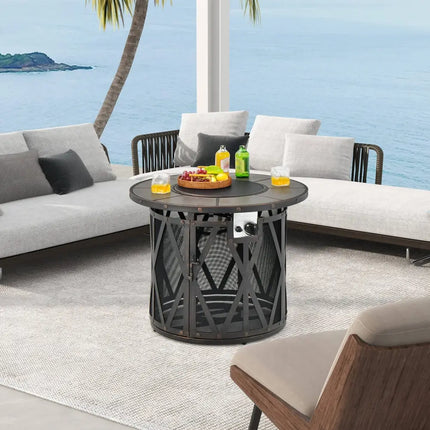 32 Inch 30000BTU Fire Pit Table with Fire Glasses and PVC Cover - Black - Fire Pit Tables