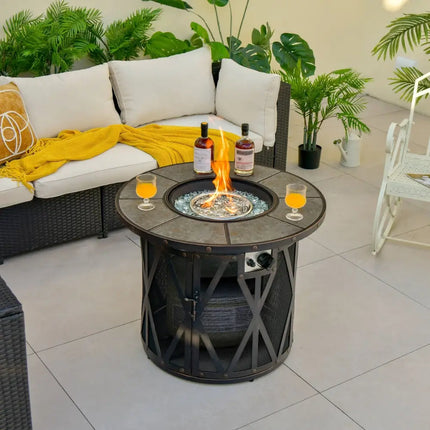 32 Inch 30000BTU Fire Pit Table with Fire Glasses and PVC Cover - Black - Fire Pit Tables