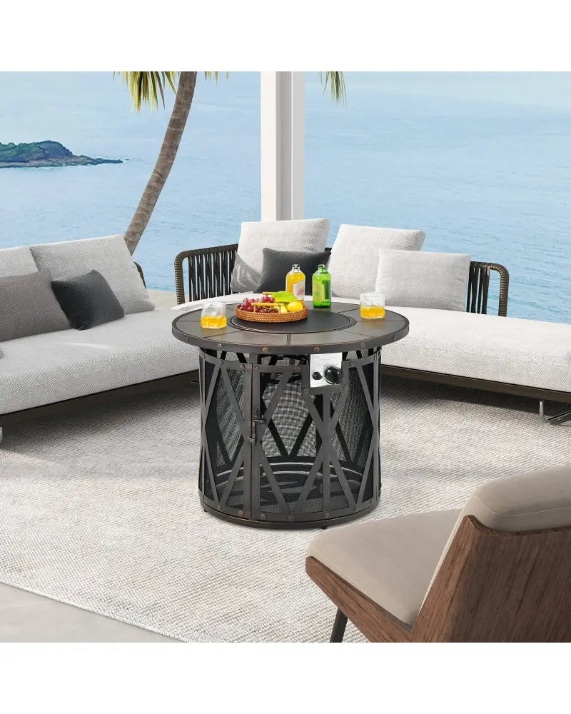 32 Inch 30000BTU Fire Pit Table with Fire Glasses and PVC Cover - Black - Fire Pit Tables
