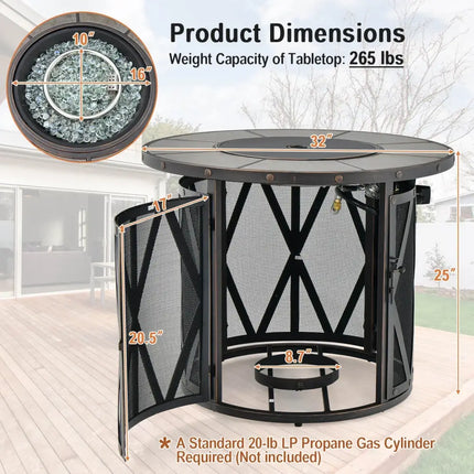 32 Inch 30000BTU Fire Pit Table with Fire Glasses and PVC Cover - Black - Fire Pit Tables