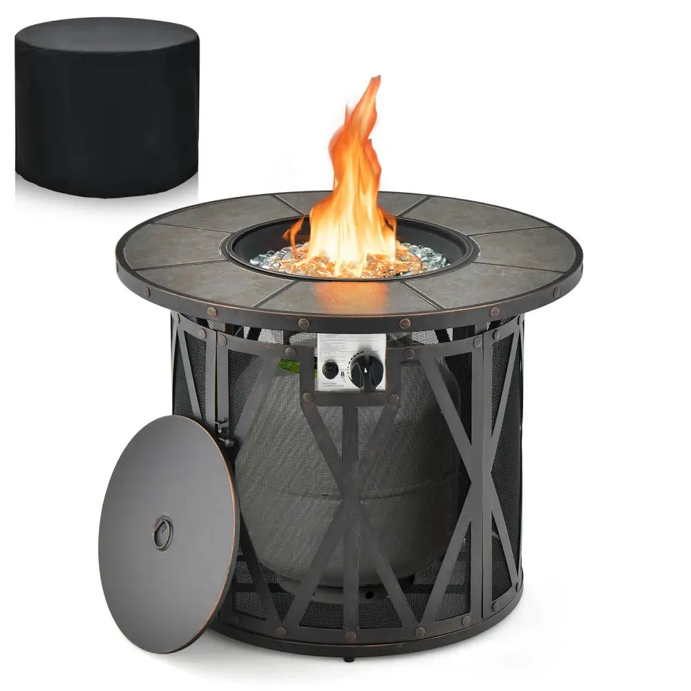 32 Inch 30000BTU Fire Pit Table with Fire Glasses and PVC Cover - Black - Fire Pit Tables