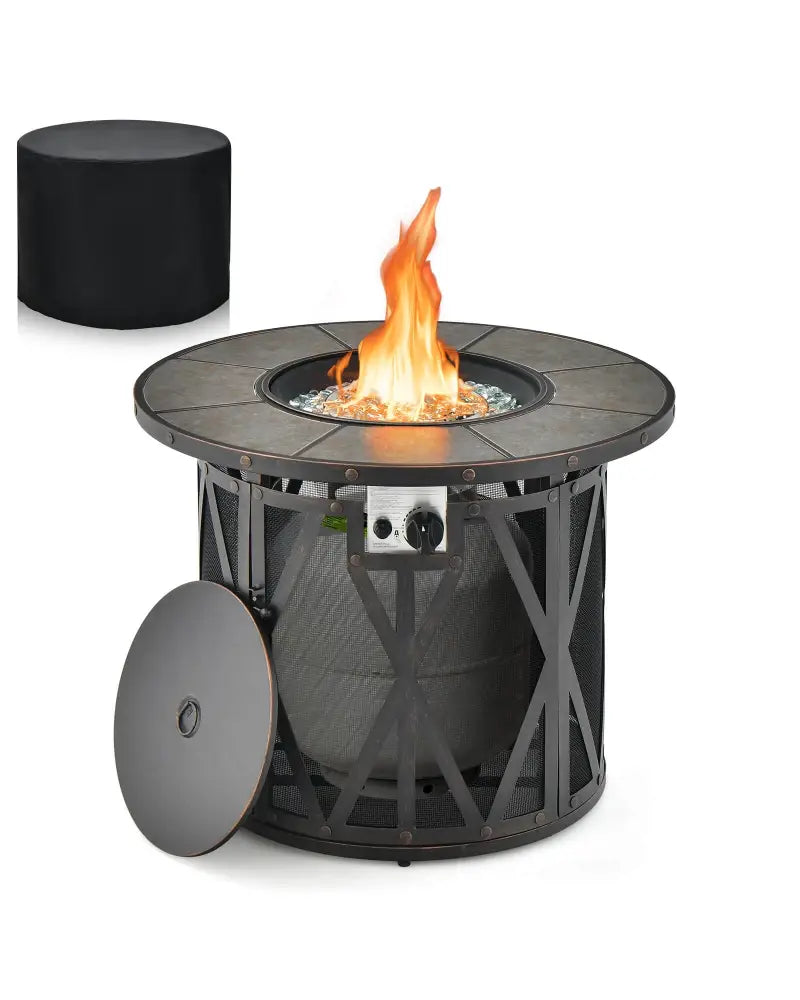 32 Inch 30000BTU Fire Pit Table with Fire Glasses and PVC Cover - Black - Fire Pit Tables