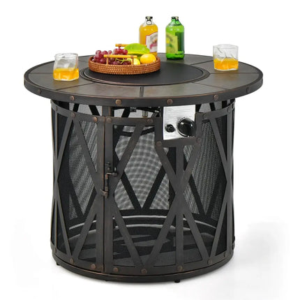 32 Inch 30000BTU Fire Pit Table with Fire Glasses and PVC Cover - Black - Fire Pit Tables
