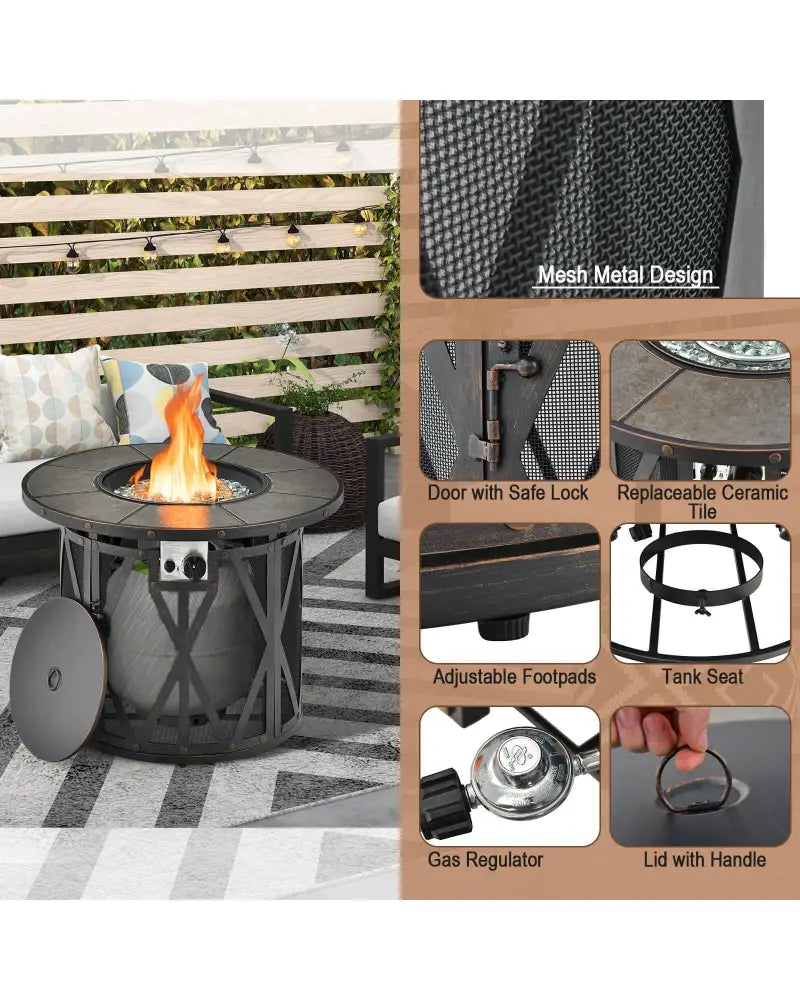 32 Inch 30000BTU Fire Pit Table with Fire Glasses and PVC Cover - Black - Fire Pit Tables
